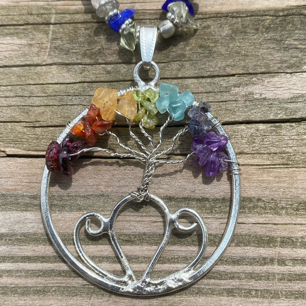 Genuine gemstone tree of life chakra necklace long 30” chain
